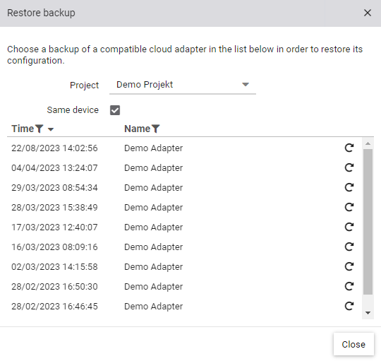 Dialog for selecting a backup for restoring the configuration of a cloud adapter