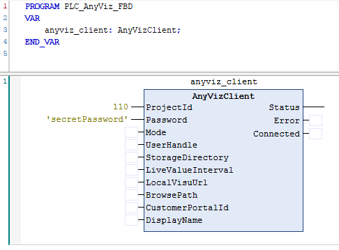 Example of integration of the AnyViz Cloud Adapter function block in the FBD programming language