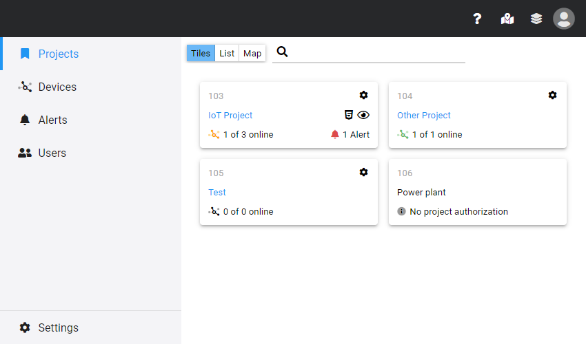 Management with display of multiple projects as tiles for quick overview and efficient access to remote maintenance features