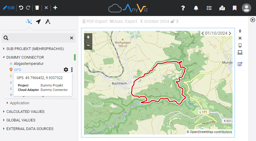 Display of a route in the cloud