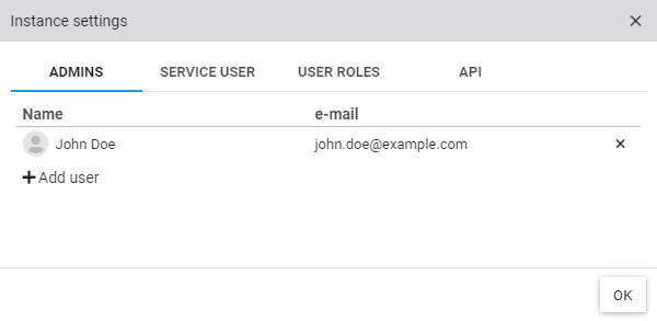 Instance Admin dialog for various settings of an OEM cloud instance