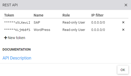 Dialog for managing API tokens for authorizing the REST API