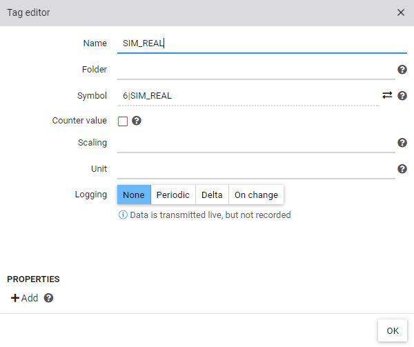 Creating a tag for the SIM_REAL symbol in the tag editor