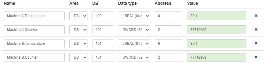 Configuration of several symbols of a Siemens TCP connection in the Universal Cloud Adapter with structuring via the symbol name