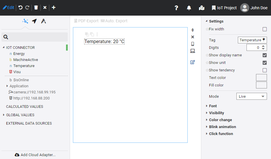 Editing mode with cloud adapter tree, editing area and configuration area