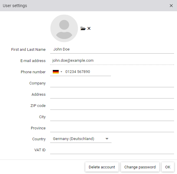 User settings dialog for configuring the avatar, user data, as well as the possibility to delete the user account and change the password