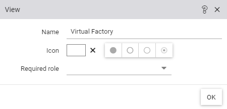 Dialog for creating and configuring a view with icon, permalink and the optional selection of a user role