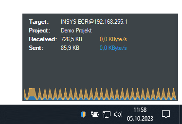 Opened AnyViz VPN client above the taskbar with display of data volume